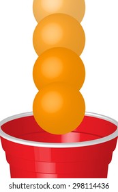Red party cup with ping pong ball, isolated on white background.