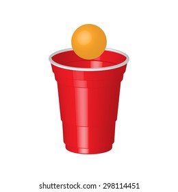 Red Party Cup With Ping Pong Ball, Isolated On White Background.