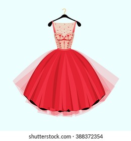 Red Party dress. Red vintage style party dress with flowers decoration.Vector illustration. Fashion couture dress