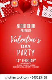 Red party flyer for Happy Valentine's Day. Top view on gift boxes and case for ring. Beautiful backdrop with candles, confetti and serpentine. Vector illustration. Invitation to nightclub.