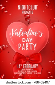 Red Party Flyer for Happy Valentine's Day. Beautiful Background with Realistic Air Balloon in the Shape of Heart. Vector Illustration with Confetti. Invitation to Nightclub.