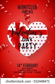 Red party flyer for Valentine's Day. Beautiful poster with gift box in the form of heart. Vector illustration with serpentine and confetti. Invitation to nightclub.