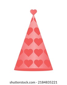 Red party hat. Social media sticker, holiday and event. Paper cone with hearts. Symbol of romantic holidays and events, love and care. Sign of Valentines Day. Cartoon flat vector illustration