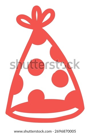 Red party hat sticker with spots. A cute, hand-drawn doodle of a festive cone hat for birthday or New Year's Eve.