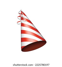 Red party hat with white lines in realistic style. Accessory, symbol of the holiday or birthday. Colorful cap for holiday.  Fun cap vector illustration. EPS 10.
