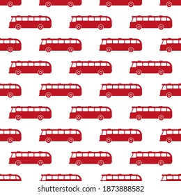 Red passenger buses isolated on white background. Side view. Monochrome transport seamless pattern. Vector flat graphic illustration. Texture.