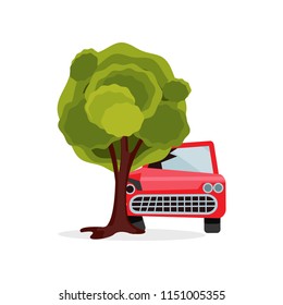 Red passenger car crashed into big green tree. Vehicle with broken windshield and headlight. Road accident. Damaged automobile. Flat vector