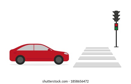 
Red Passenger Car, Crosswalk And Traffic Light On White Background