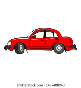 Red passenger car. Side view. Vector drawing. Isolated object on a white background. Isolate.
