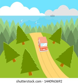 The red passenger car travels along the road through coniferous forests to rest to the sea. Behind the forest you can see the panorama of the blue sea with yachts and clouds.
