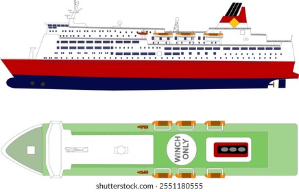 Ferry de passageiros vermelho. Perfil lateral e superior de um ferry ro ro vermelho com uma área de guincho de helicóptero visível. Ilustração isolada de vetor.