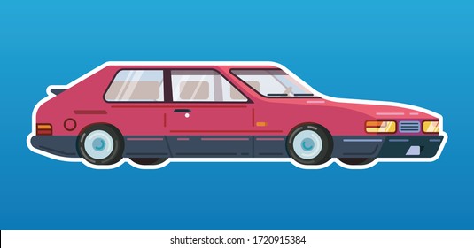 Red passenger isometric car with transparent windows vector illustration in flat style with white stroke on blue gradient background. Vehicle concept for banners and icons.
