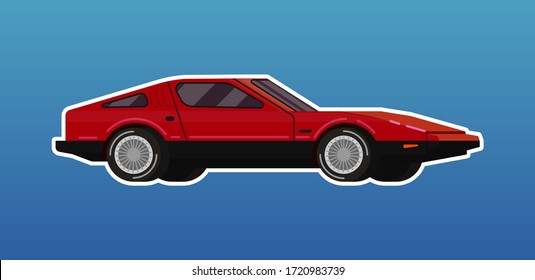 Red passenger isometric sport car vector illustration in flat futuristic style with white stroke on blue gradient background. Vehicle concept for banners and icons.