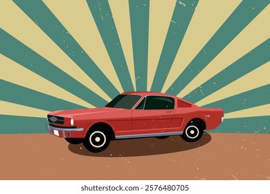 Red passenger retro car on orange background with blue stripes, vector illustration