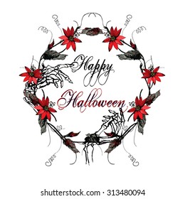 Red passion flower, leaf, bud, tendril wreath & Skeleton hands, isolated on white background. Hand and wrist bones. Engraved Vector Elements. Vintage frame for Gothic & Halloween invitation, party.
