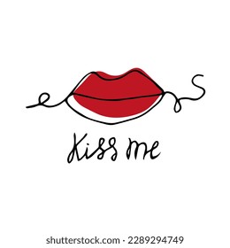 Red passion one line Woman Lips isolated on white background with inscription Kiss me. Passionate line art kisser. Romantic relationships.