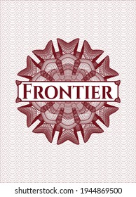 Red passport emblem with text Frontier inside