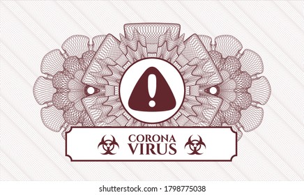 Red passport emblem. Vector Illustration. Detailed with warning icon and Coronavirus text inside