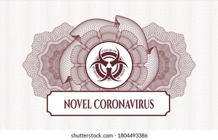 Red passport emblem. Vector Illustration. Detailed with biohazard covid-19 icon and Novel Coronavirus text inside