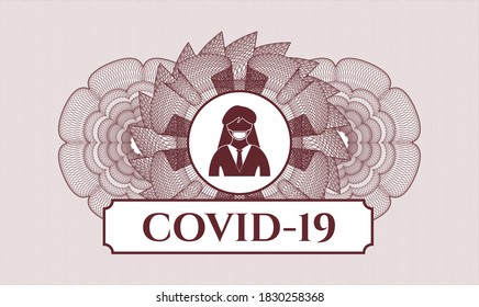 Red passport emblem. Vector Illustration. Detailed with woman wearing face mask icon and COVID-19 text inside