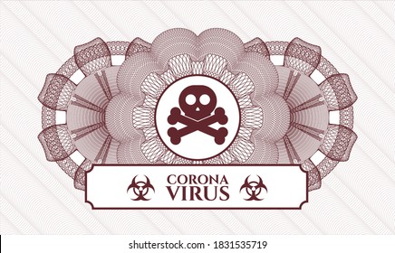 Red passport emblem. Vector Illustration. Detailed with crossbones icon and Coronavirus text inside