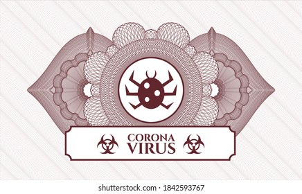 Red passport emblem. Vector Illustration. Detailed with bug icon and Coronavirus text inside