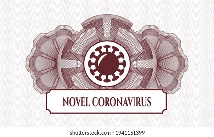 Red passport emblem. Vector Illustration. Detailed with coronavirus icon and Novel Coronavirus text inside