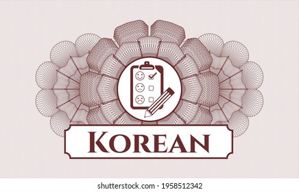 Red passport emblem. Vector Illustration. Detailed with customer feedback icon and Korean text inside
