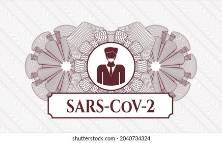 Red passport emblem. Vector Illustration. Detailed with man wearing face mask icon and SARS-CoV-2 text inside
