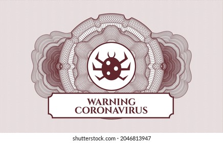 Red passport emblem. Vector Illustration. Detailed with bug icon and Warning Coronavirus text inside