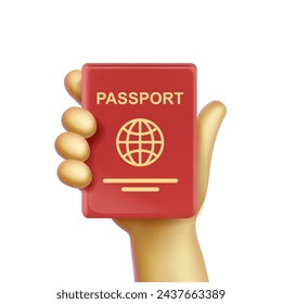 Red passport in hand. Personal identification concept. International passport for travel and tourism. 3d vector