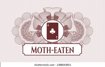 Red passport money rosette with ace of clover icon and Moth-eaten text inside