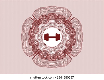 Red passport money rosette with big dumbbell icon inside