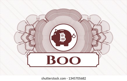 Red passport money rosette with bitcoin piggy bank icon and Boo text inside