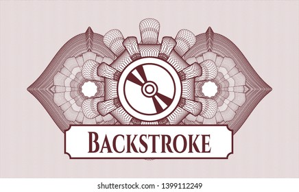 Red passport money rosette with CD or DVD disc icon and Backstroke text inside