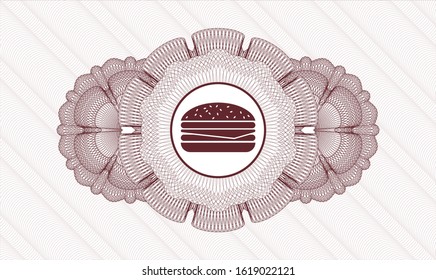 Red passport money rosette with cheeseburger icon inside