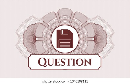 Red passport money rosette with diskette icon and Question text inside