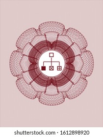 Red passport money rosette with flowchart icon inside