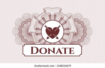 Red passport money rosette with heart with two arrows icon and Donate text inside