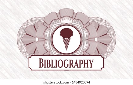 Red passport money rosette with ice cream icon and Bibliography text inside