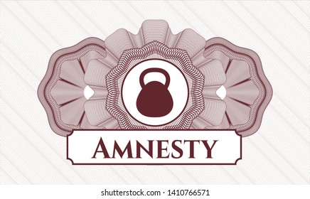Red passport money rosette with kettlebell icon and Amnesty text inside