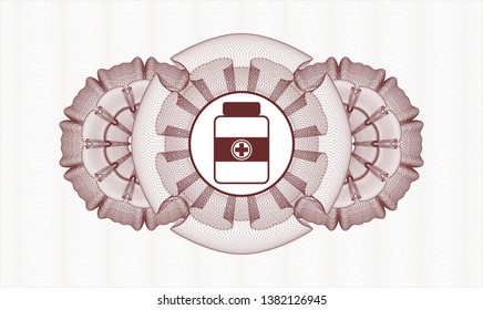 Red passport money rosette with medicine bottle icon inside