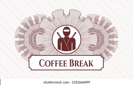 Red passport money rosette with ninja icon and Coffee Break text inside