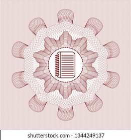 Red passport money rosette with note book icon inside