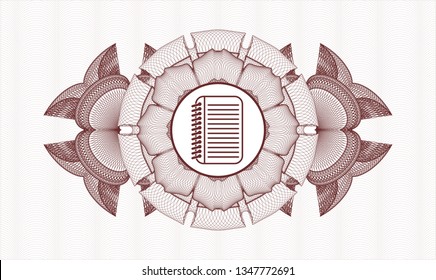 Red passport money rosette with note book icon inside