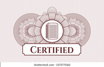 Red passport money rosette with note book icon and Certified text inside