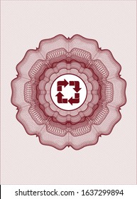 Red passport money rosette with recycle icon inside