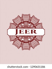 Red passport money rosette with text Jeer inside