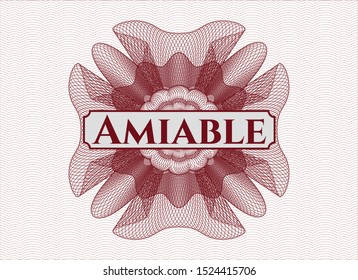 Red passport money rosette with text Amiable inside