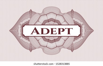Red passport money rosette with text Adept inside